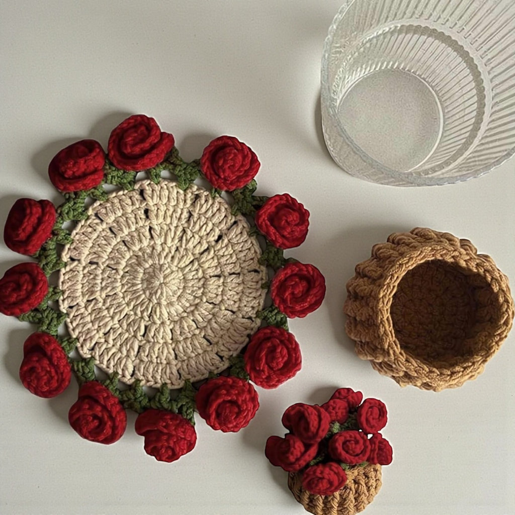Crocheted coaster with red rose pattern and glass on a white surface