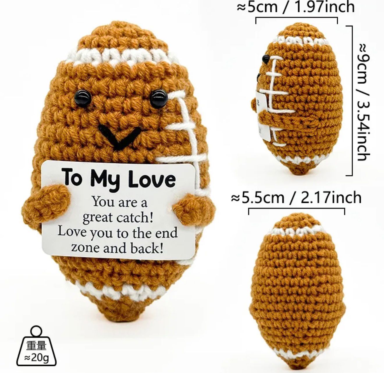 Crocheted football-shaped plush toy with a message card and measurements on a white background